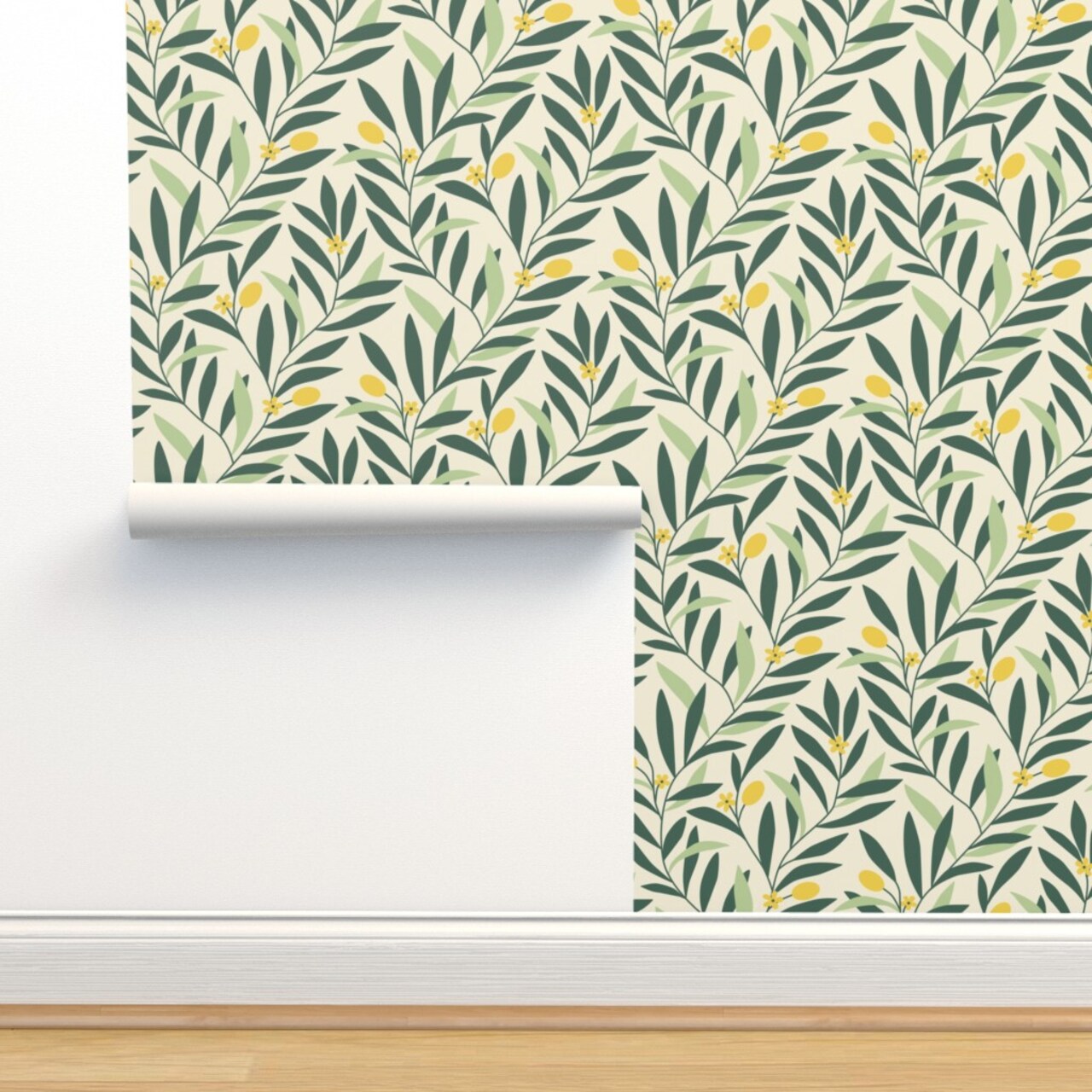 Green Yellow Botanical Garden Floral Nature Abstract Olive Medium Scale Custom Pre-pasted Wallpaper by Spoonflower Pre-Pasted Wallpaper 2FT Wide